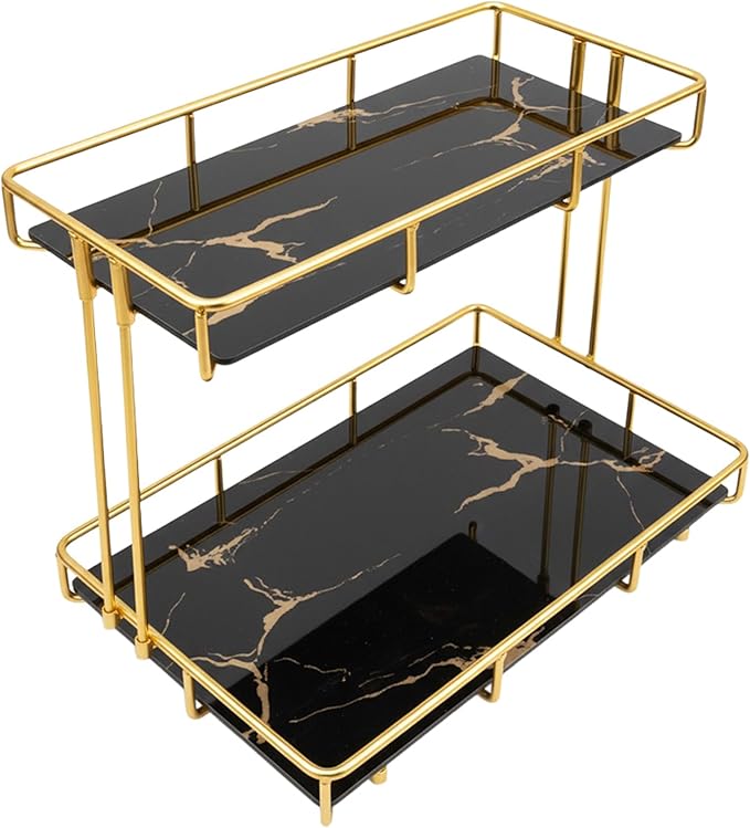 2-Tier Black Marble Bathroom Countertop Organizer – Glass Shelves & Gold Metal Frame, Stylish Vanity Storage Shelf for Perfume, Skincare, Makeup & Toiletries