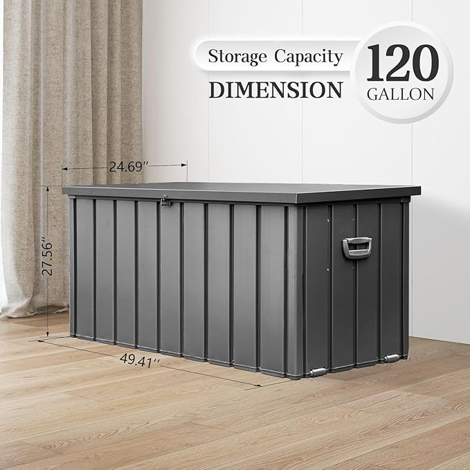 Domi 120 Gallon Deck Box, Metal Outdoor Storage Box with Lock Wheels Side Handles, Waterproof Outside Storage Box for Patio Cushions, Shoes & Pool Tools