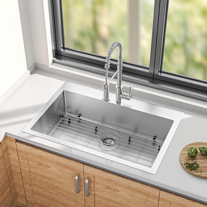 33 x 22 Drop-In/Undermount Kitchen Sink, TECASA Single Bowl Kitchen Sink with Pull Down Faucet, 18-Gauge T-304 Stainless Steel Basin with Accessories
