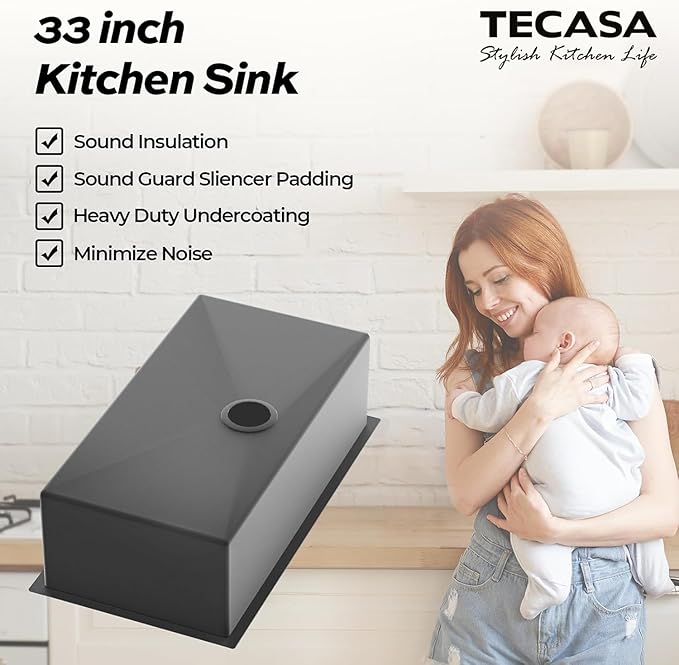 32 Inch Undermount Kitchen Sink, TECASA 18-gauge Stainless Steel Single Bowl Deep Basin Large Utility Sink with Grid and Strainer (32" x 18" x 10")