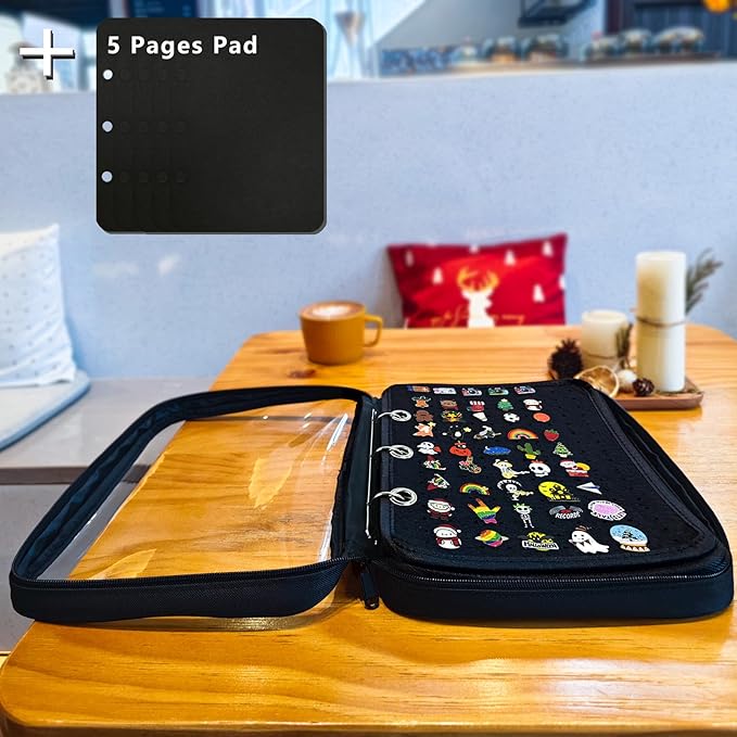 6-Page Enamel Pin Display Bag - Organize Collectibles, Brooches, Medals & More (6 Black Pages + 5 Spacers)