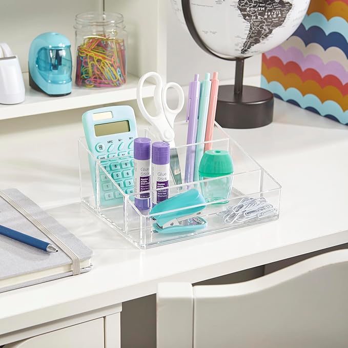 STORi Clear Plastic Small Countertop Vanity Makeup Organizer, Compact Rectangular 4-Compartment Holder for Brushes, Eyeshadow Palettes, & Beauty Supplies, Made in USA (Pack of 2)