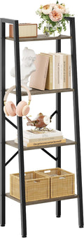 Hoctieon 4-Tier Industrial Ladder Bookshelf, Narrow Ladder Shelf, Tall Standing Bookshelf, Skinny Open Ladder Shelf, for Living Room, Home Office, Kitchen, Bedroom, Metal Frame, Greige