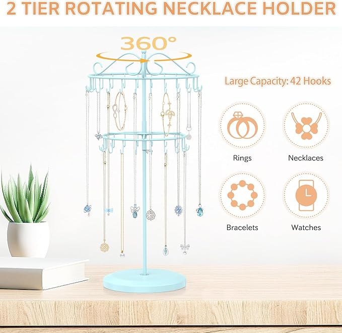 iDavosic.ly 2 Tier Rotating Necklace Holder Organizer with 42 Hooks, Adjustable Metal Bracelet Display Stand Rack, Extra Tall Keychain Spinning Tree Tower for Women, Blue