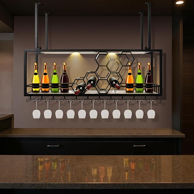 Metal Hanging Wine Rack Hanging Organizer Ceiling Bar Wine Glass Rack with Glass Holder and Shelf Multi Functionl Wine Bottle Holder Organizer, for Bar Cafe Kitchen