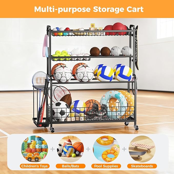 VOPEAK Oversized Sports Equipment Organizer, 4 Layers Rolling Ball Storage Rack for Garage Storage with Wheels Removable Hooks and Baskets Large Capacity Black Ball Holder for Toy Sports Gear Storage