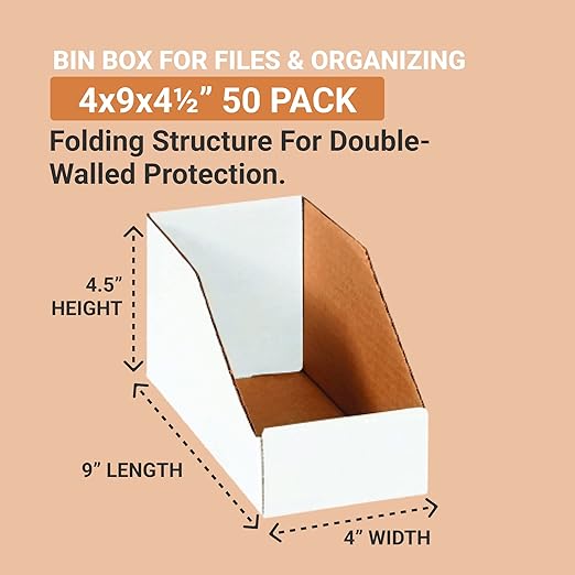 Aviditi BINBIN49 Corrugated Open Top Bin Box, 9" Length x 4" Width x 4-1/2" Height, Oyster White (Case of 50)