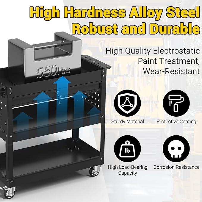 3 Tier Rolling Tool Cart on Wheels, 550 LBS Tool Cart with Drawers，Heavy Duty Utility Cart with Pegboard and Hooks，Mechanic Tool Storage Cart for Garage, Warehouse and Repair Shop(Black)