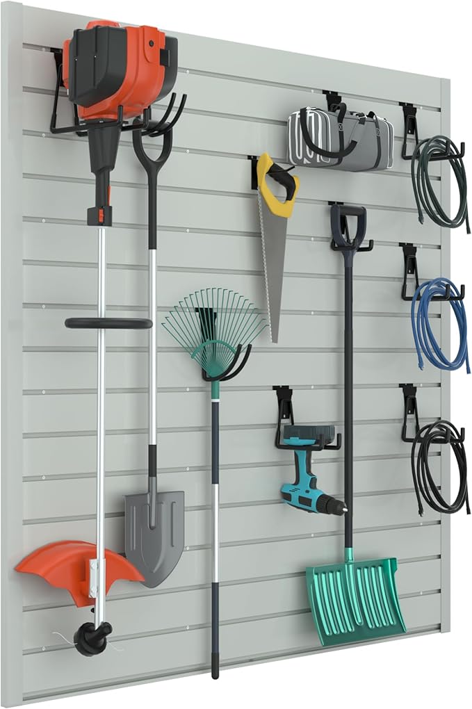 RELIANCER PVC Slat Wall Panels,4ft by 4ft (16 sqft) Garage Wall Organizer Storage System,Interlocking Slatwall Paneling Sheets,Workshop Slatwall Shelves Tools Organization,Wall Mounted Storage Rack