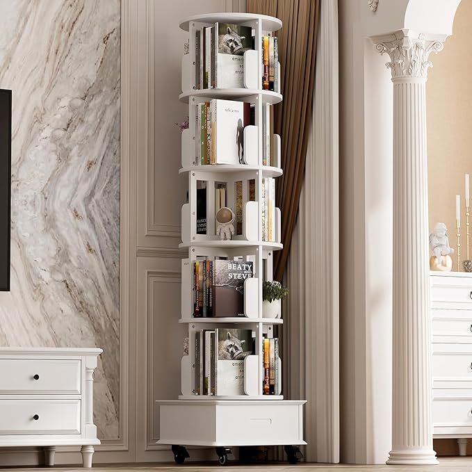 72" Solid Wood Rotating Bookshelf Tower on Wheels, 5-Tier Spinning Bookcase with Drawer, Floor Standing Revolving Bookshelf, Rotating Bookcase for Small Space, Walnut