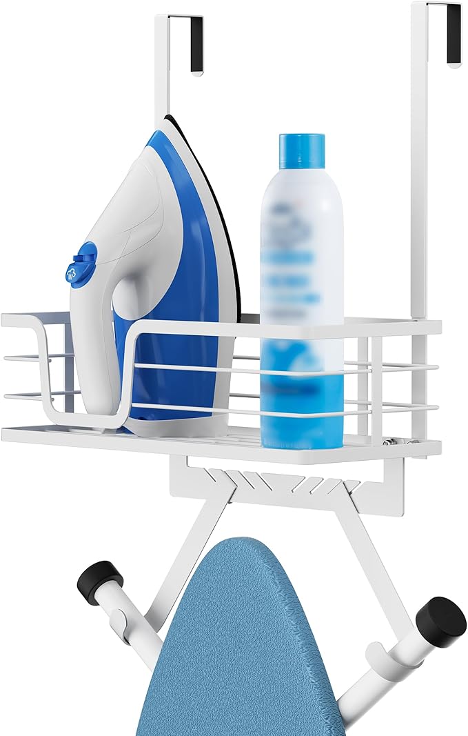 KES Over The Door Ironing Board Holder, Ironing Board Hanger Over Door Organizer with Storage Shelf Y and T Shaped Fits for 1 3/8 Doors White, HIR501A-WH