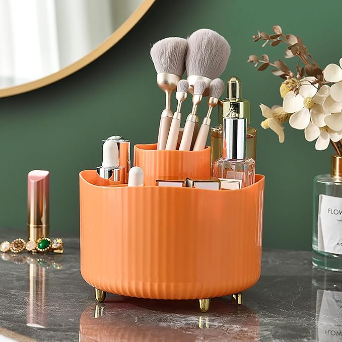 Anyoifax 360° Rotating Makeup Brush Holder Organizer, Make up Brushes Cup for Vanity, 5 Slot Spinning Makeup Organizers for Cosmetics, Lipstick, Pen, Orange