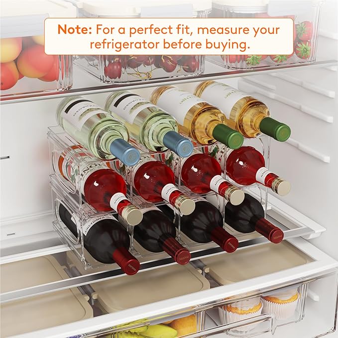 Lifewit Wine Rack for Fridge, Stackable Wine Bottle Holder with Sturdy Support Insert & Reinforced Design, Plastic Bottle Organizer for Refrigerator, Cabinet & Pantry, Clear, Holds 12 Bottles