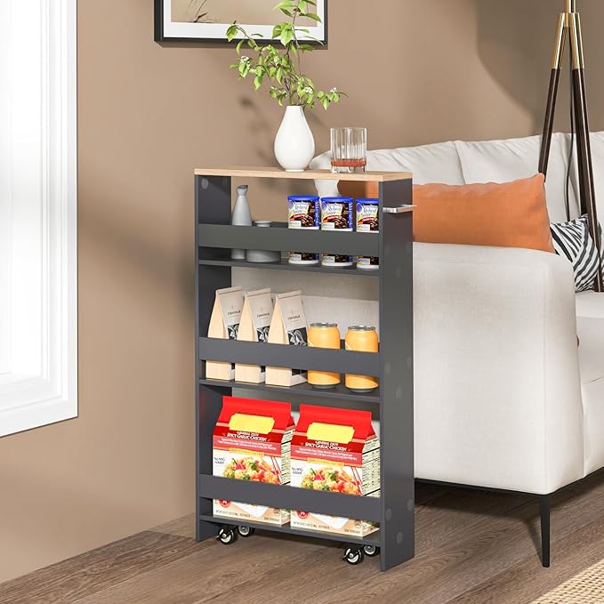 Rolling Storage Cart, 4 Tier Slim Storage Cabinet with 4 Universal Wheels, Convenient Handle, Narrow Laundry Cart for Small Space Bathroom Office