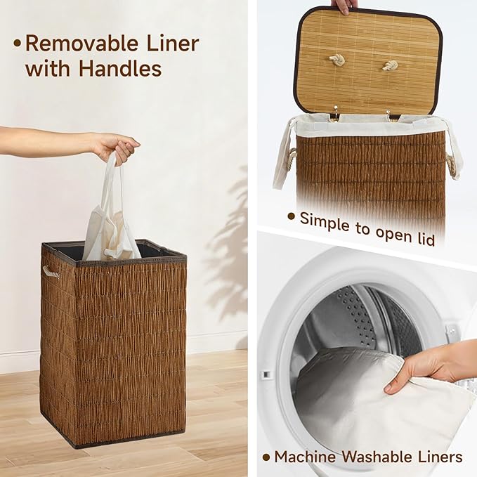 Laundry Hamper with Lid, 18.72 Gallons (72L) Laundry Basket with 2 Removable Liner Bags, Synthetic Rattan Clothes Hamper, laundry organization for bedroom, bathroom, laundry room, Brown