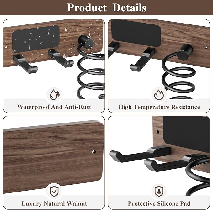 Tindbea Hair Dryer Holder Curling Iron Holder, Blow Dryer Holder Wall Mount, Bathroom Hair Tool Organizer Rack for Universal Dryer, Walnut Matte Black