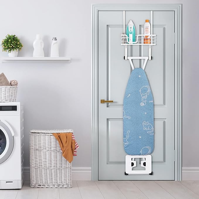 KES Ironing Board Hanger, Over The Door Ironing Board Holder, T-Leg Ironing Board Door Hanger for 1 3/4" Door, Metal Iron Holder White, HIR500B-WH