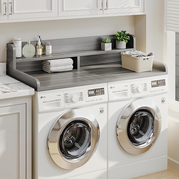 2-Tier Washer Dryer Countertop with 2.75"H Edge Rails, 54" W x 27.55" D Laundry Countertop for Folding Clothes, Washer and Dryer Topper with Non-Slip Pad (Stripe Gray)