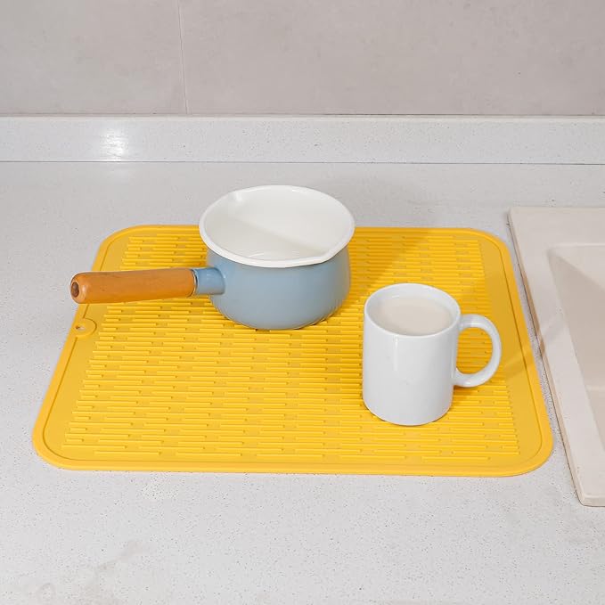 Silicone Dish Drying Mat for Multiple Usage,Easy clean,Eco-friendly,Heat-resistant Silicone Mat for Kitchen Counter or Sink,Refrigerator or Drawer Liner Yellow XL 18 inches x 16 inches