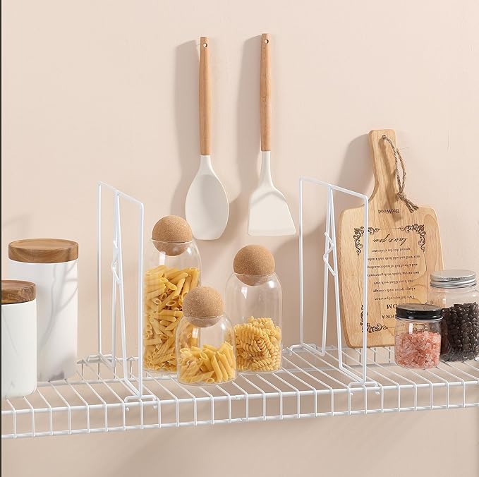 Wire Shelf Dividers - White Closet Organization & Storage Organizer - No Tool Shelf Divider for Wire Shelves - Metal Shelf Accessories – for 12“ Deep Wire Shelves – Tall 12” Height – 8 Pack