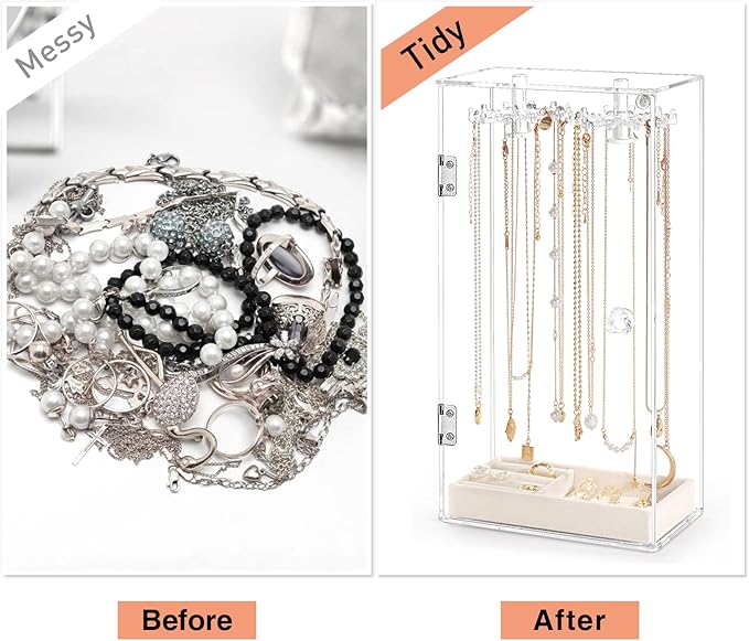 Necklace Holder, Acrylic Jewelry Organizer with 24 Hooks, Rotation Clear Necklaces Pendant Display Case Stand, Dust-proof Velvet Tray Hanging Rack Storage for Earrings Rings