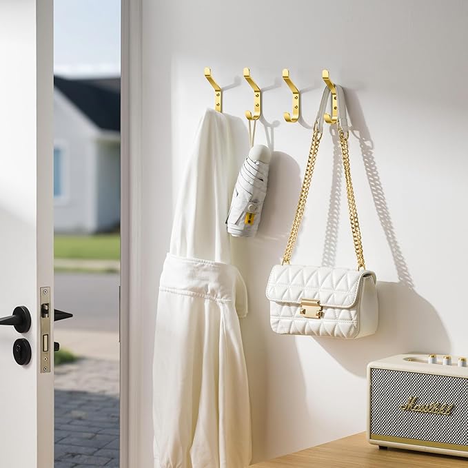 Coat Hooks Wall Mount for Hanging: 20LB Sturdy Hanger for Backpack, Towel, Bag, for Closet, Bathroom, Door, Mushroom, Brushed Gold 4 Pack, 3.75"