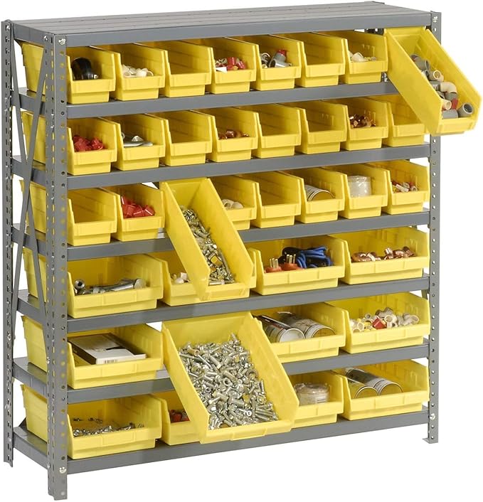 Global Industrial 7 Shelf Steel Shelving with (36) 4" H Plastic Shelf Bins, Gray Frame & Yellow Bins, 36" W x 12" D x 39" H, Industrial or Commercial Storage, Assembly Required