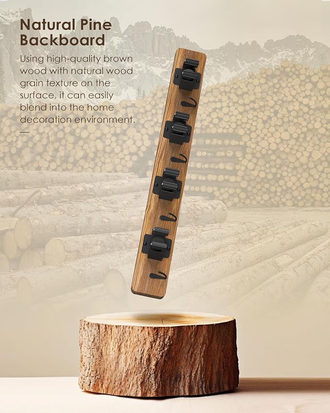 AceMining Broom Holder Wall Mounted, 2 Pack 4 Holders and 4 Hooks Mop Holder, Wooden Mop and Broom Holder with Anti slip rubber, Natural pine wood Brush Holder, Mop Wall Holde with Nail installation