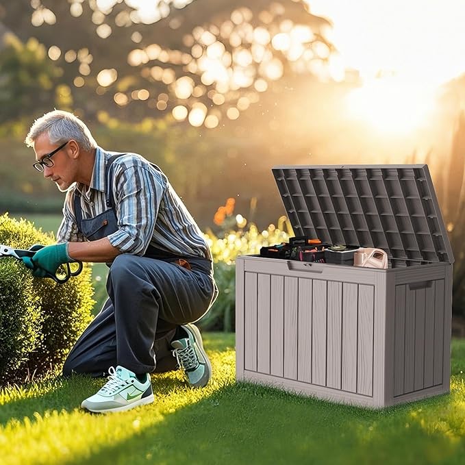 Outdoor Storage Box - Lockable Waterproof UV-Resistant Resin Deck Box for Patio Cushions, Garden Tools, Pool Accessories, Black/Grey, 45(Grey, 45 Gallon)