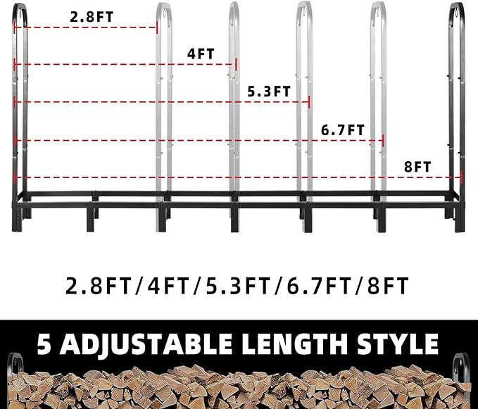8FT Firewood Rack Outdoor, Heavy Duty Adjustable Firewood log Storage & Holder, Wood Pile Lumber Storage Rack Stacking Outside for Courtyard Patio.