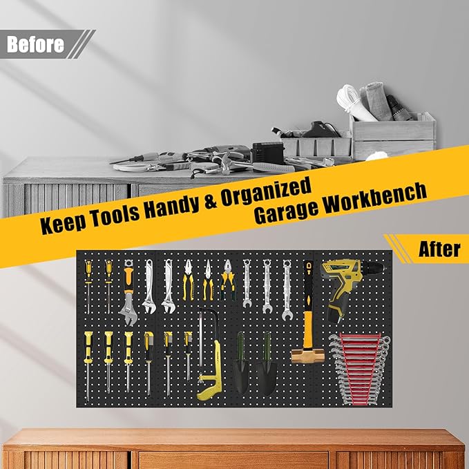 PBHEPJ 6 Pcs Metal Pegboard Panels, Heavy Duty Peg Boards for Garage and Garden Tool Storage, Includes Drywall Anchors and Screws Kits, Black