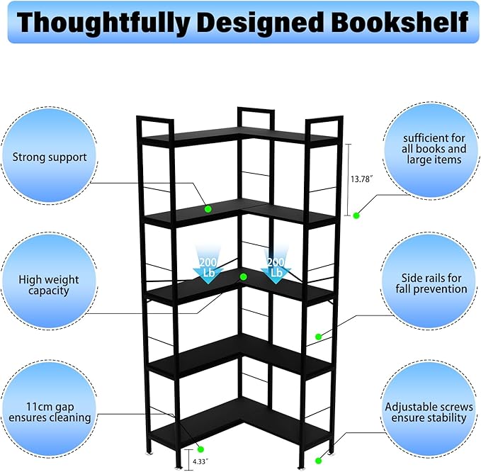 Corner Bookshelf, 69" Tall L-Shaped Bookcase for Home Office, Living Room, Bedroom - Space-Saving Storage Shelf with Metal Frame, Modern Wood & Industrial Design