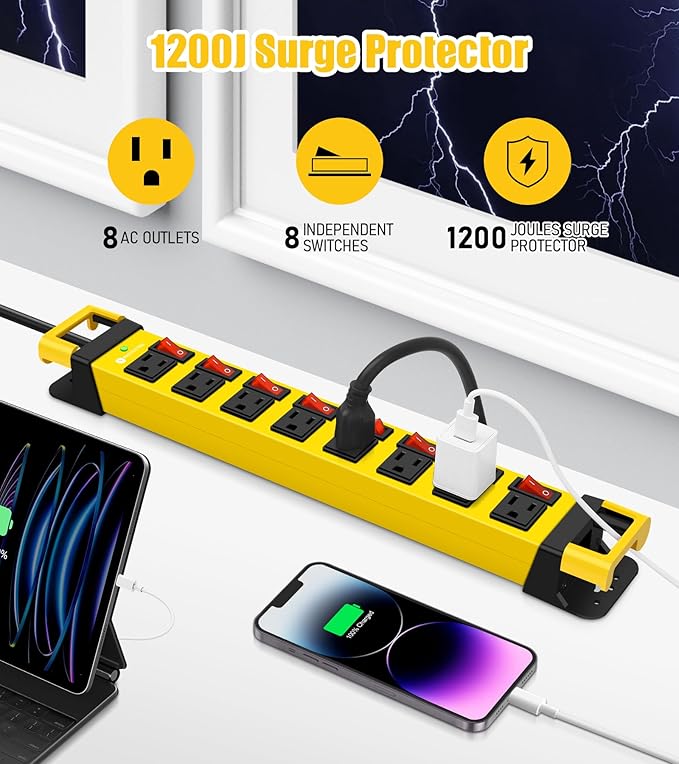Heavy Duty Power Strip with Individual Switches,8 Outlets 14 Gauge Industrial Shop Garage Metal Multiple Outlets,1200J Surge Protector Mountable Power Strip,6FT Extension Cord Management(Yellow)