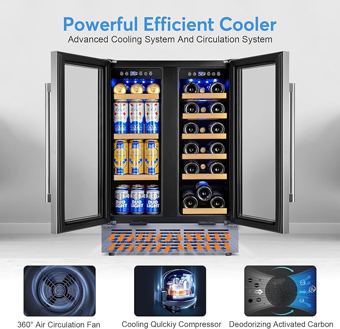 Wine and Beverage Refrigerator with Glass Door, 24-Inch Dual Zone Wine Fridge Under Counter - 18 Bottle and 88 Can Large Capacity Led Blue Light Smart Fast Cooling Wine Cooler