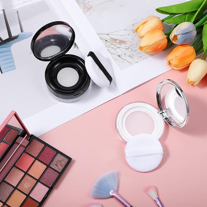 2 Pcs Loose Powder Containers, 0.7/0.17 Ounce Foundation Container Portable Empty Travel Makeup Containers Reusable Powder Puff Case with Puff Mirror Net Sifter for Women Travel Daily Carrying