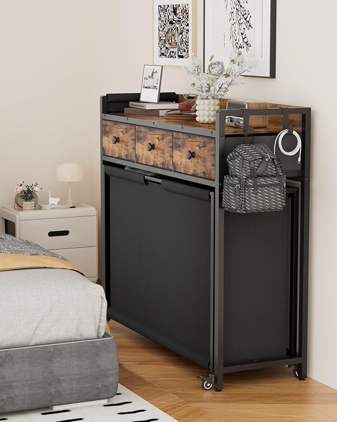 Laundry Hamper Sorter 3 Section: Rolling Laundry Basket Organizer with Wheels for Room Organization and Storage - Clothes Hamper with Shelf & Oxford Fabric Drawers & Bags