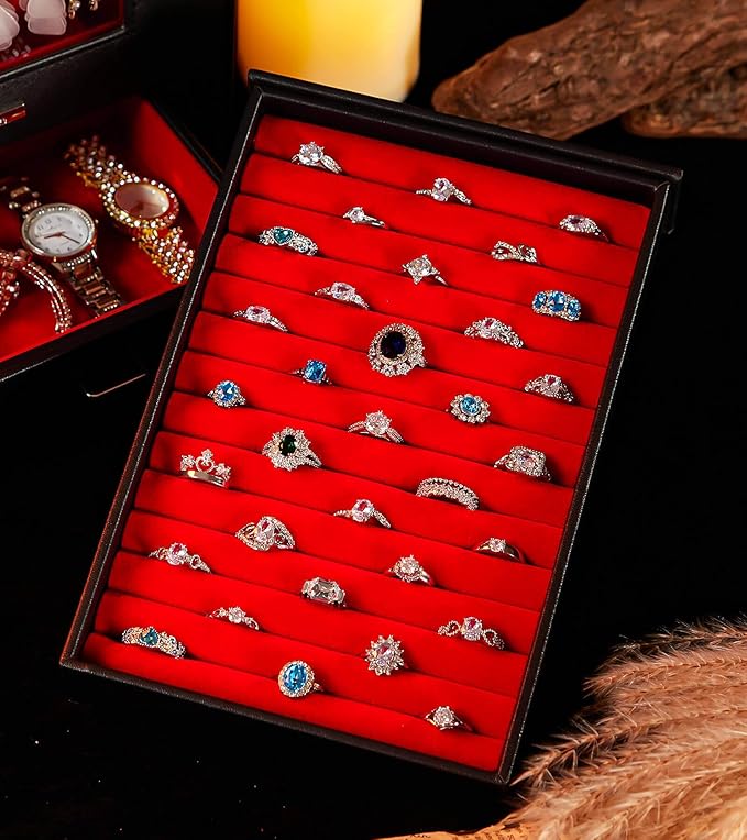 Homde Jewelry Organizer with Transparent Window Necklace Hooks Gift for Women Jewelry Box Display Case for Necklaces Rings Earrings Bracelets and Other Jewelry Accessories (Black + Red +Gold)