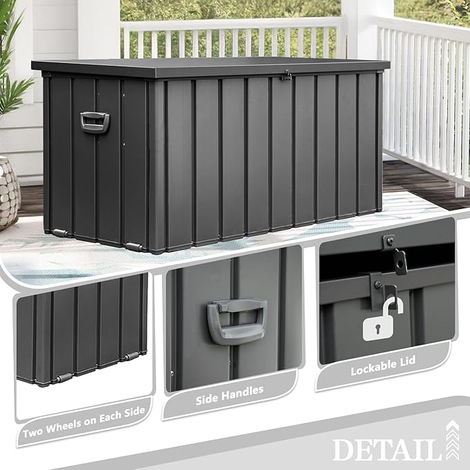 Domi 120 Gallon Deck Box, Metal Outdoor Storage Box with Lock Wheels Side Handles, Waterproof Outside Storage Box for Patio Cushions, Shoes & Pool Tools