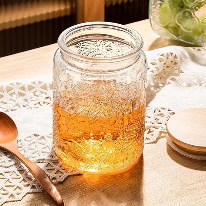 ANSQU Set of 2 Vintage Glass Jars, 23.7 FL OZ Candy Jars with Lids, Sugar Container Mason Jars for Home Kitchen Pantry, Cute Jar (Daisy & Sunflower)