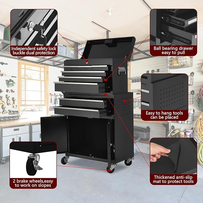 8-Drawer Rolling Tool Chest, 2-in-1 High Capacity Removable Cabinet Storage Tool Box with Wheels and Drawers, Detachable Toolbox with Lock for Workshop Mechanics Garage (Black)