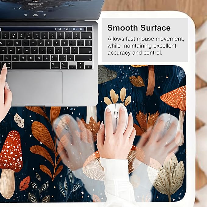 Mushroom Forest Mouse Pad – Large Extended Desk Mat 31.5 x 11.8 in– Autumn Woodland Fungi Illustration, Waterproof Surface, Non-Slip Rubber Base, Keyboard & Mouse Pad for Nature Lovers