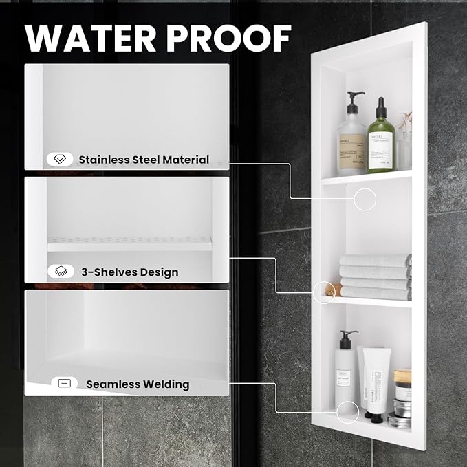 12" x 36" Stainless Steel Shower Niche, 3-Tier Waterproof Shelves, No-Tile Needed Bathroom Organizer, Rustproof Wall Shelf for Shampoo, Soap & Toiletries, White