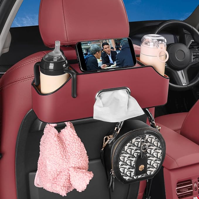 Car Seat Back Organizer - Stylish & Functional Storage for Family Adventures - Cup Holders, Tissue Box & Hooks - Perfect for Kids, Road Trips & Travel (Red)