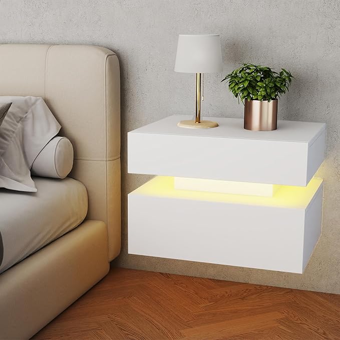 Floating Nightstand Set of 2,Modern Bedside Tables with LED Light for Bedroom,Small Night Stands with Drawers, Wall Mounted End SideTables Set for Living Room