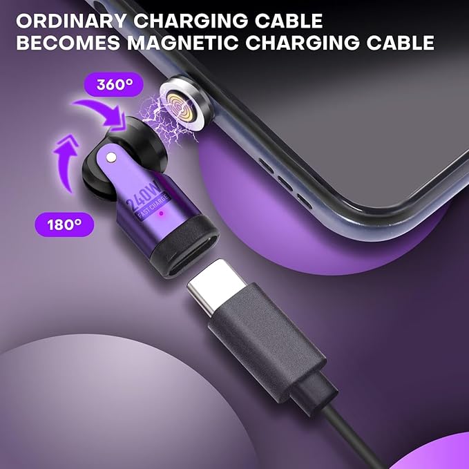 USB C Magnetic Adapter 240W, Can Be Type-C Cord Into Right Angle Magnetic USB C Charging Cable, Magnet Charger USBC 90 Degree Adapter 180 OTG Tips for iPhone 17/16/15 Tablet(4 Pack Purple)