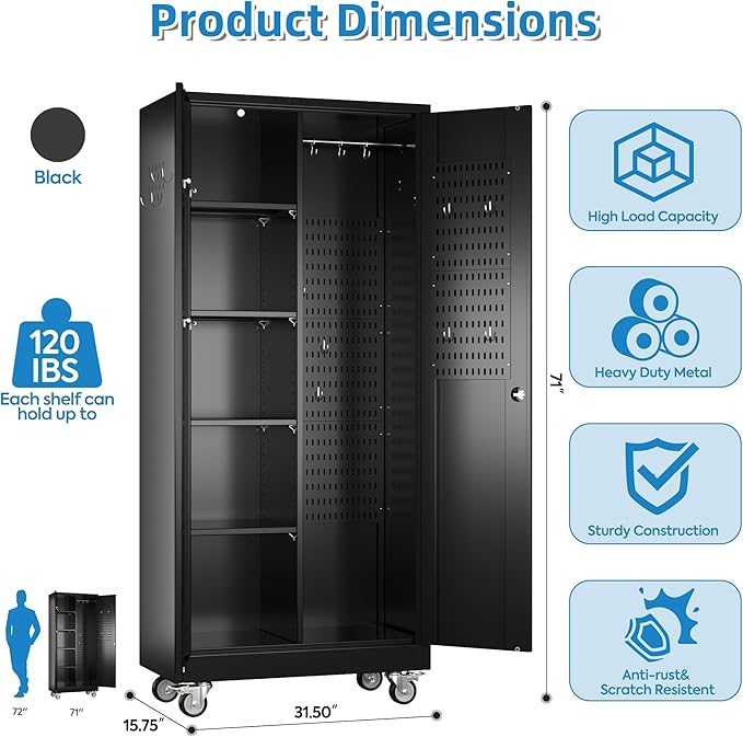 SUXXAN Broom Closet Storage Cabinet with Wheels 71.4"x 31.5"x15.7", Metal Cleaning Cabinets with Hooks and Hanging Rods, Lockable Cabinet with Pegboard, Adjustable Shelf,for Garage, Laundry Room
