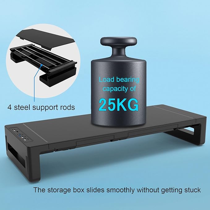 Monitor Stand Riser with 8 in 1 Docking Station Phone Holder Drawer 25KG Bearing Ergonomic Desktop Computer Storage Shelf for Home Office Workstation ABS Aluminum Alloy Black