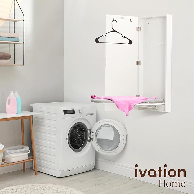 Ivation Wall-Mounted Ironing Board Cabinet, Foldable Ironing Storage Station for Home, Apartment, Easy-Release Lever, Garment Hooks, White