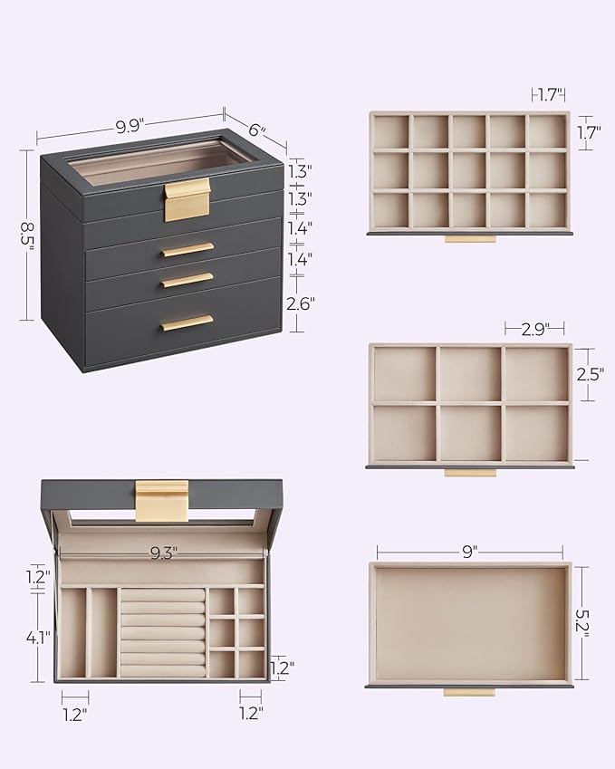 SONGMICS Jewelry Box Organizer with Glass Lid, 4-Layer Jewelry Storage, with 3 Drawers, Modern Style, Christmas Gift, 6 x 9.9 x 8.5 Inches, Gray and Gold Color UJBC161C01