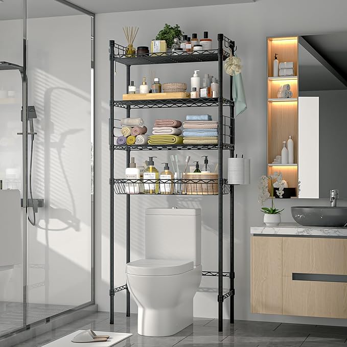 PrimeZone Over The Toilet Storage Shelf - 4 Tier Adjustable Metal Bathroom Wire Shelves Organizer with 2 Hooks, Freestanding Above Toilet Storage Rack for Bathroom Laundry, Black